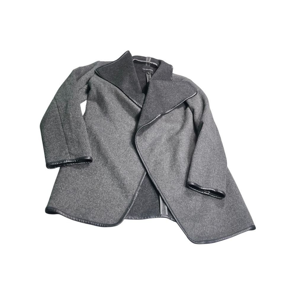 Saks Fifth Avenue Size 10 Gray Wool Blend Wrap Coat Faux Leather Trim